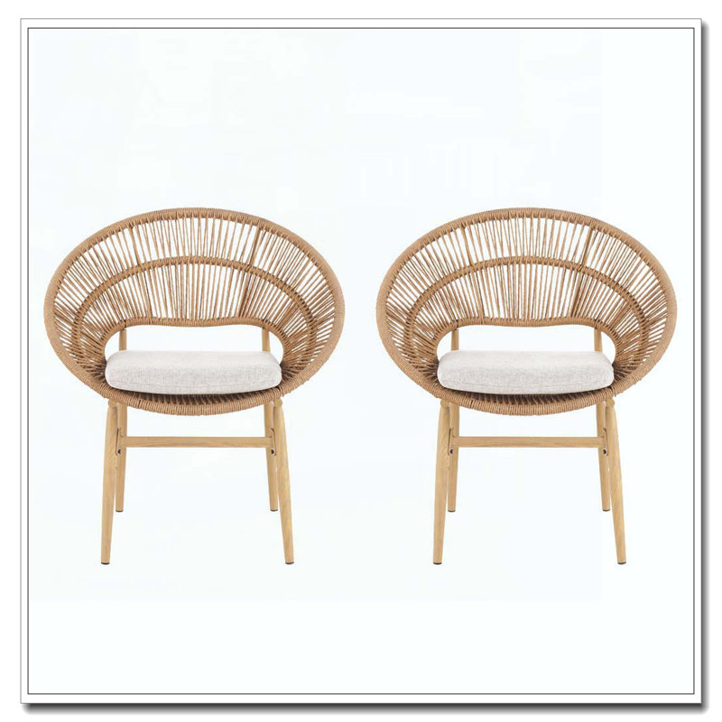 Chaise de salle à manger d'extérieur en osier de style papasan, Coussin beige/cadre en teck