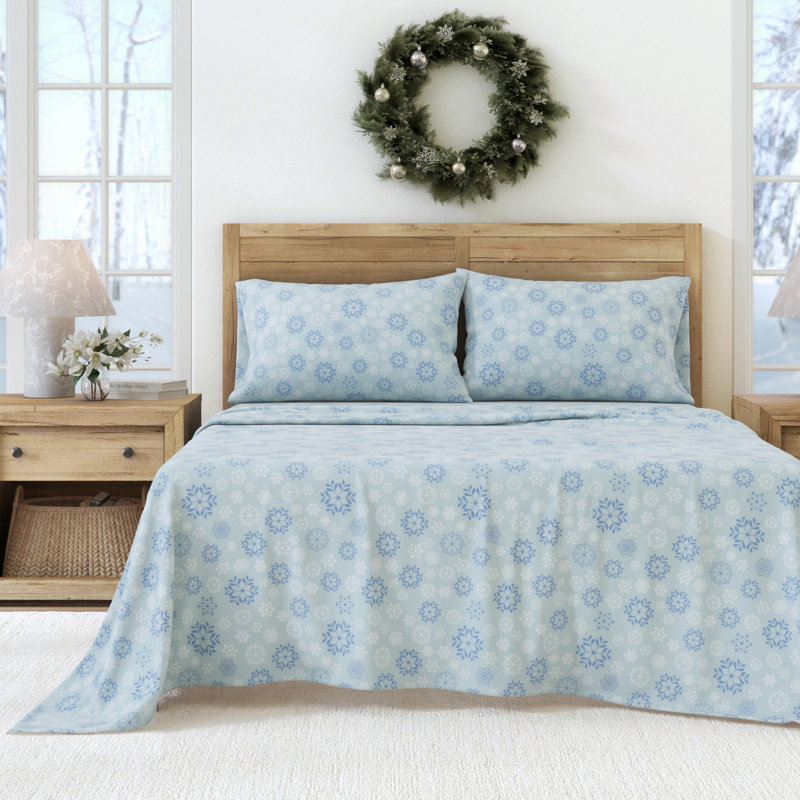 100% Turkish Cotton Flannel Christmas Sheet Sets, Blue Snowflake, Queen with 2 Pillowcases