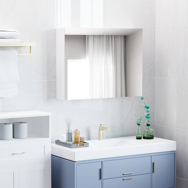 Armoire de salle de bain à double porte - 31,5 po x 23,5 po, décoration tendance, grand espace de rangement, fonctionnement silencieux avec charnières, miroir blanc avec tablettes réglables, style moderne, grand espace, charnières,