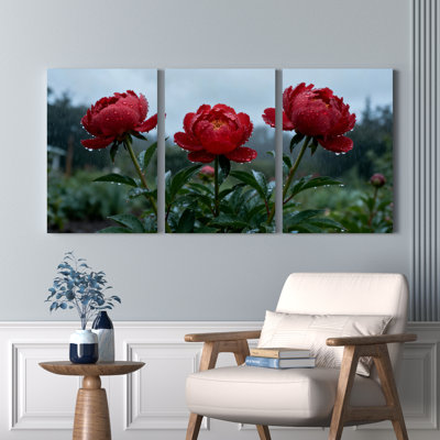 Ensemble de 3 tableaux sur toile à motif de pivoines rouges et de gouttes de pluie, pour la décoration du salon et de la chambre.