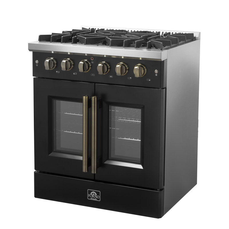 Forno Galiano 30" French Door Gas Range, Black or White & Antique Brass, 4.32 cu.ft. Convection Oven, Black