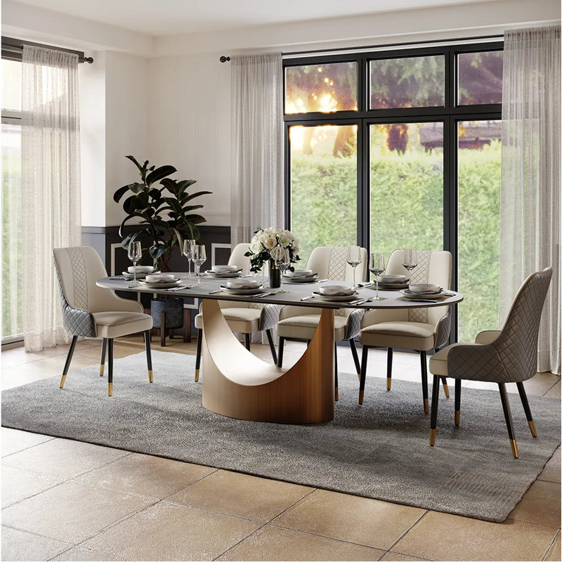 9 Pieces Dining Room Sets, Pre-Assembly Oval Dining Table Sets, Sintered Stone Tabletop Kitchen Dining Table Set With Upholstered Chairs