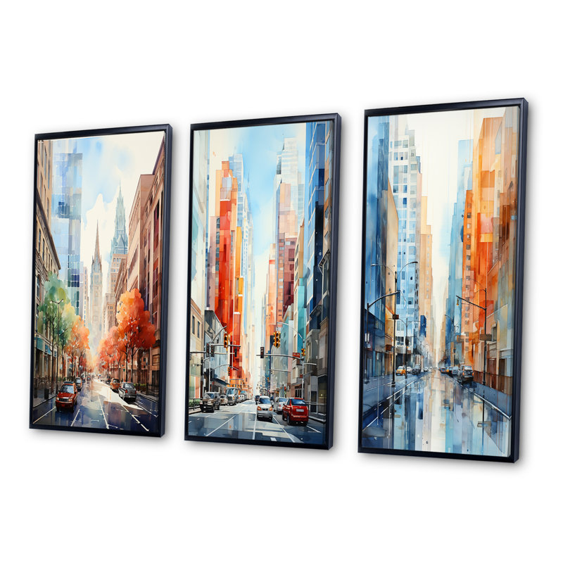 «Skyscrapers Urban Heights», 3 pièces sur toile, Cadre flottant noir, H 20 po x l 36 po
