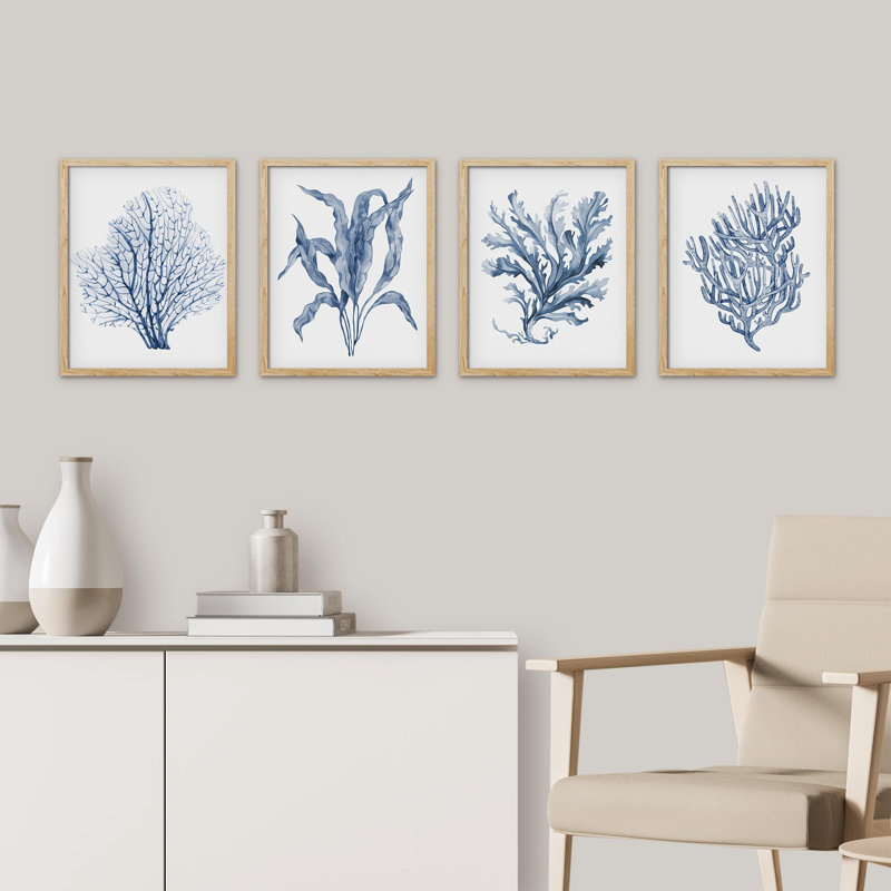 " Navy Blue Marine Coral Leaves Floral Botanical Plant " 4 - Pieces, 16" H x 12" W, Natural
