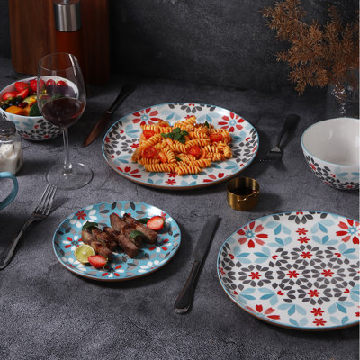 Lorren Home Trends Floral Bone China Dinnerware Set, 12 Piece Service For 4, Gray Pattern, Dishwasher Microwave Safe