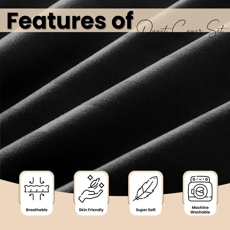 Microfiber Striped Duvet Cover Set with Pillowcases, Double Duvet Cover 2 Pillowcases, Black