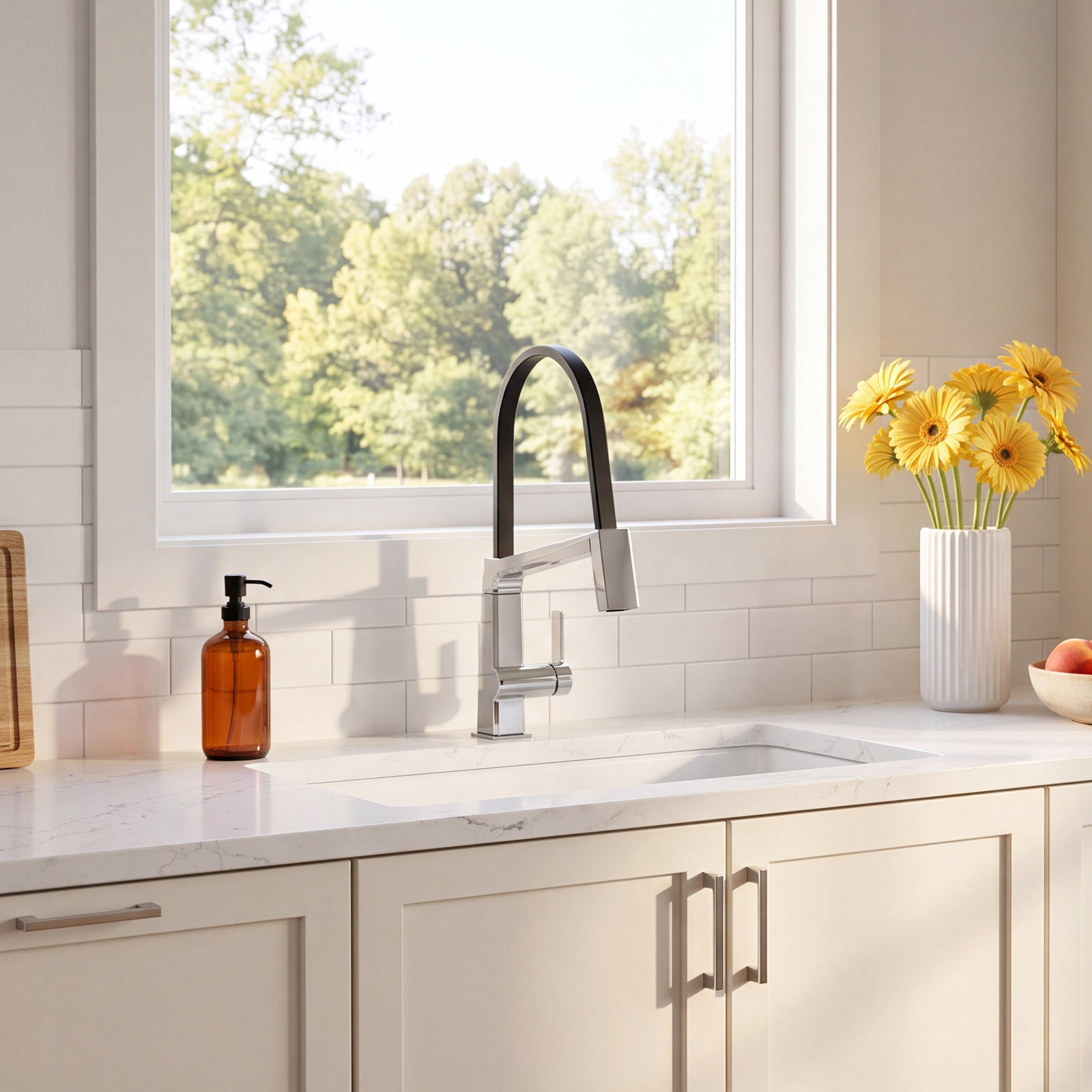 Pivotal Exposed Hose Kitchen Faucet, Chrome