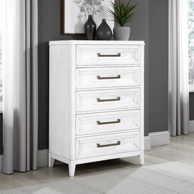 Commode haute Leva, bois d'acacia blanc vieilli, 5 tiroirs