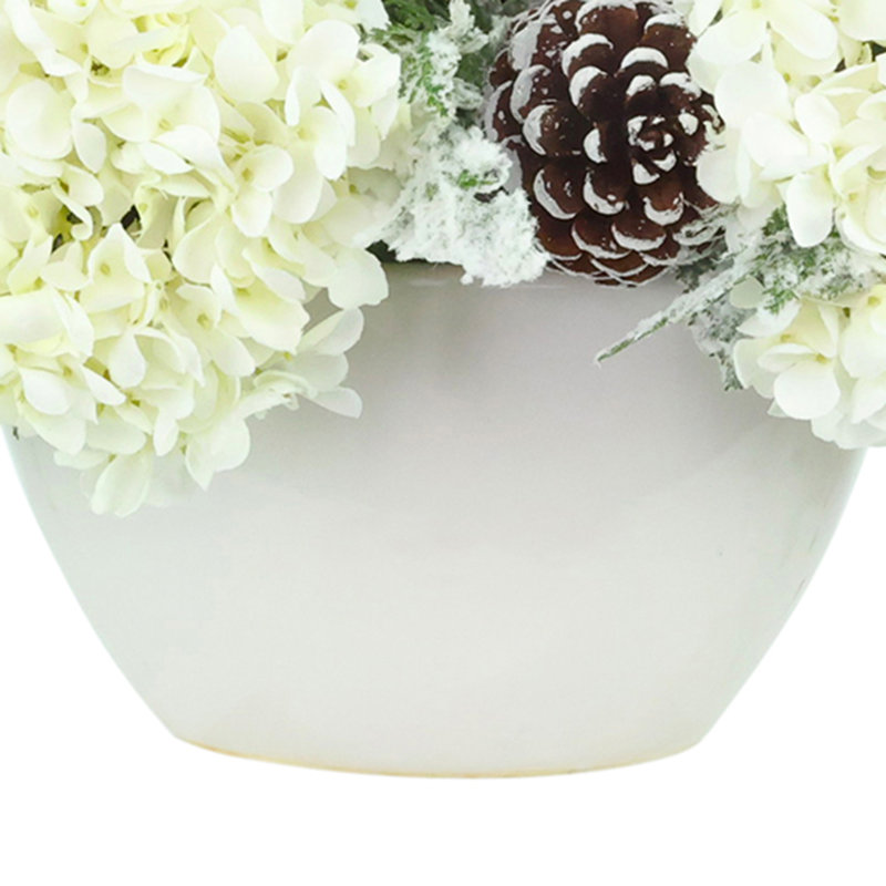 Holiday Arrangement with Sage, Hydrangeas and Pinecones