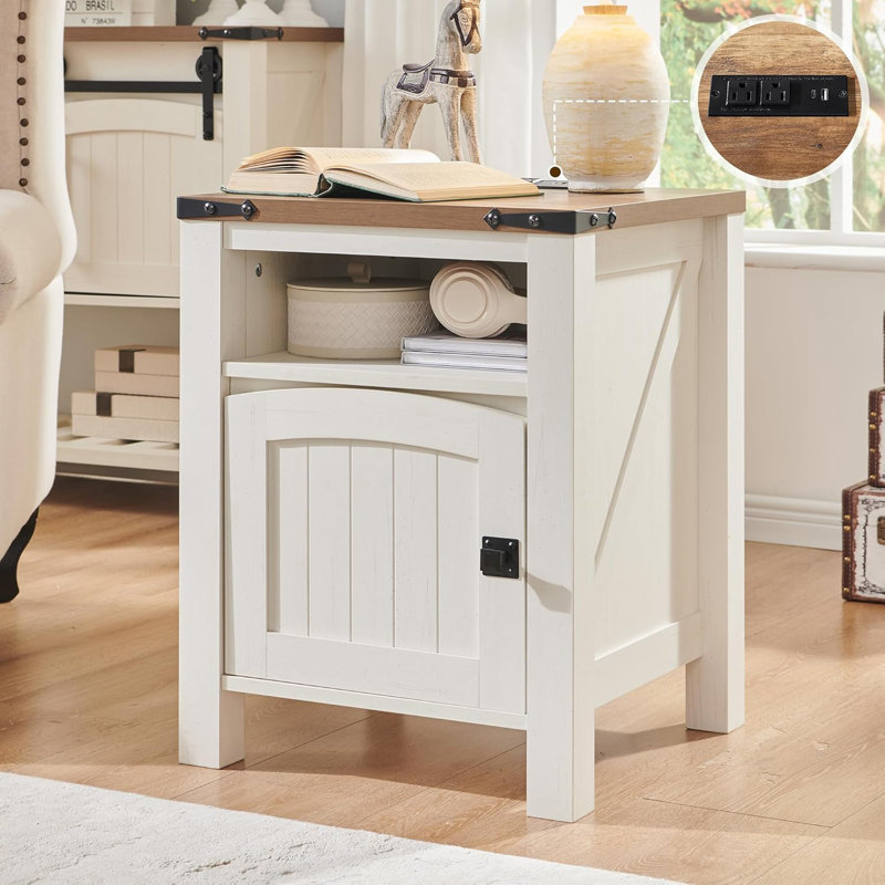 Table de chevet 18 po - Station de charge et table de bout, Brun clair / Base blanche