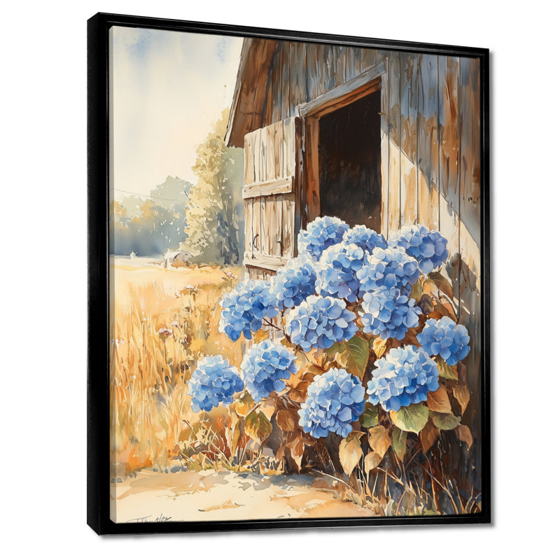 «Ashlie Hydrangeas By The Stable Door I - Hydrangea», art sur toile, Noir, Reproduction avec cadre flottant