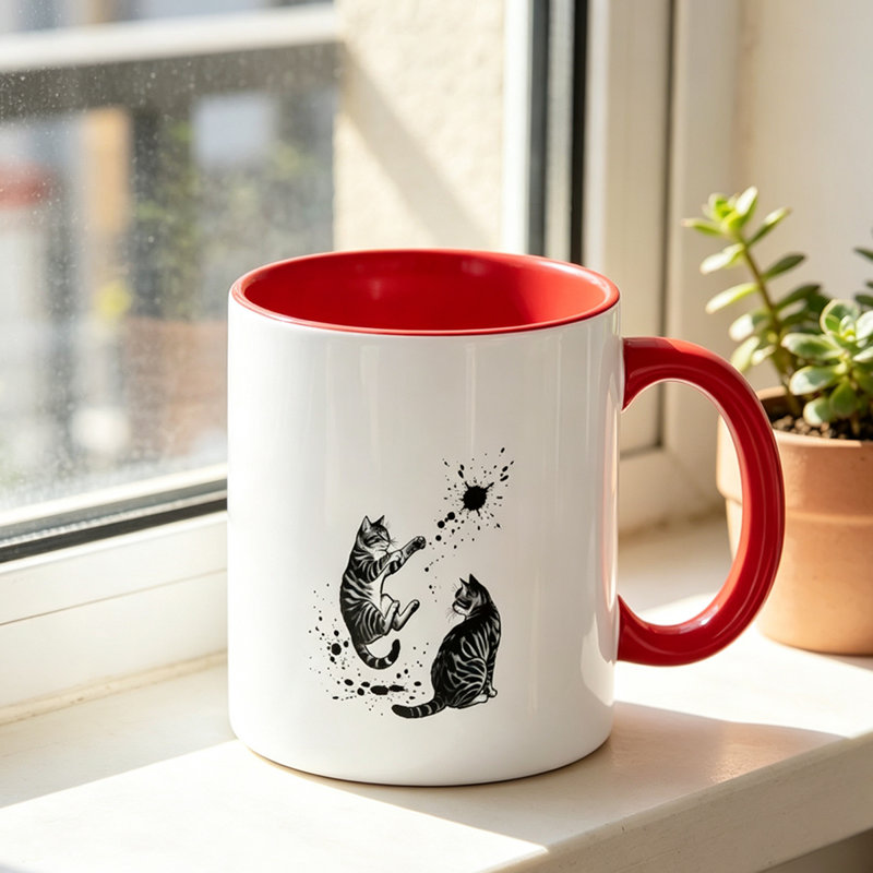 Cute Ceramic Mug with Two Cats Playing with Ink Splash Design - Perfect Gift for Cat Lover on Birthday Christmas Thanksgiving.
