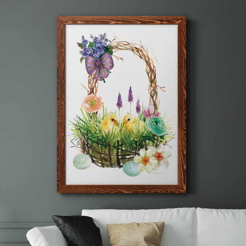 «Spring Chick Basket» - Peinture sur toile encadrée, H 31,5 po x l 23,5 po x P 1,5 po, Cadre en érable