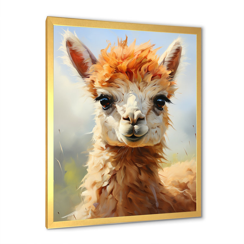 Brun majestueux Alpaca Portrait II - Alpaca, art mural, Cadre flottant doré, H 20 po x l 12 po x P 1 po