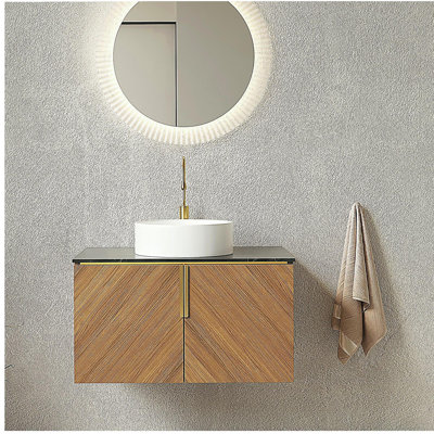 Meuble-lavabo mural 30 po avec lavabo, meuble-lavabo mural moderne en contreplaqué avec portes doubles, comptoir en pierre frittée noire et lavabo rond en céramique blanche, couleur espresso