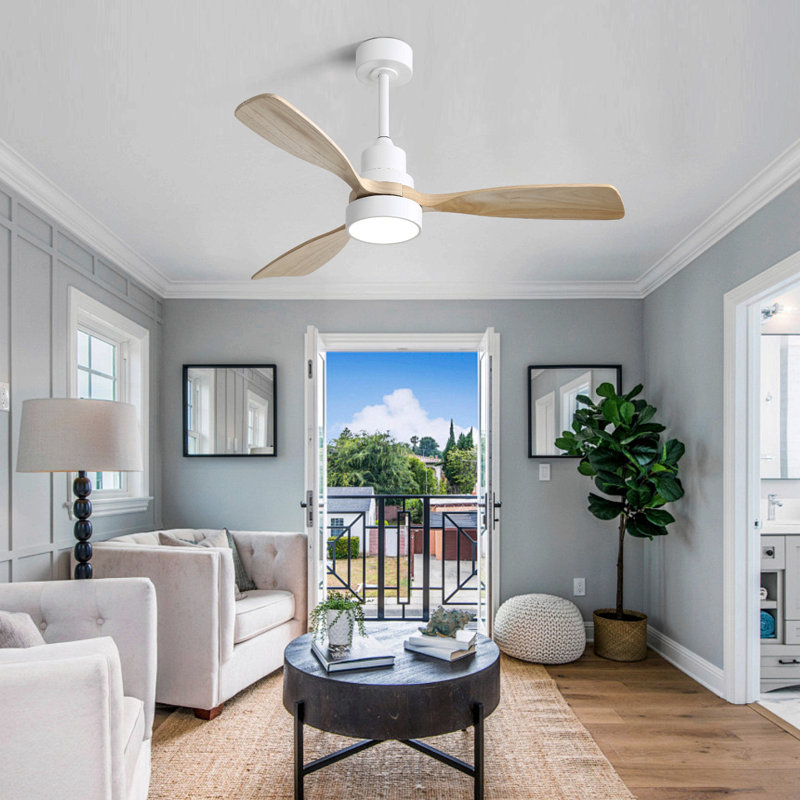 48 Inch Wood Ceiling Fan With 3 Solid Wood Blades Remote Control Reversible Dc Motor For Living Room, Natural, White