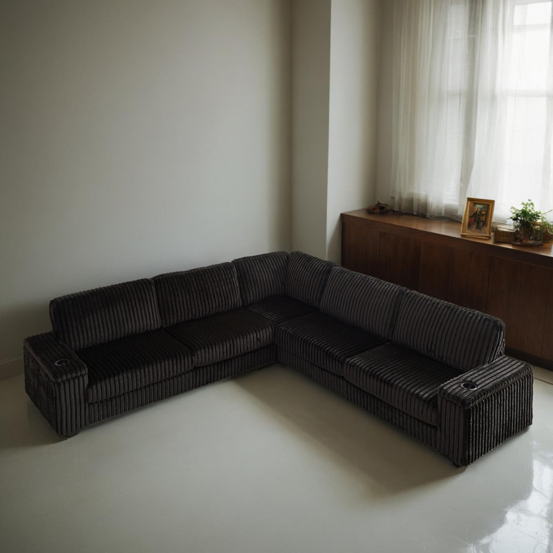 Canapé modulaire en L de 110 po de large avec ports USB, Velours côtelé noir