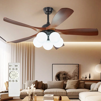 46" 5-Blade Walnut Modern Ceiling Fan with Light 5*E26 (excl.bulb),Remote Control, 6-Speed,Reversible Airflow,Height-Adjustable, Quiet for Bedroom Living Room