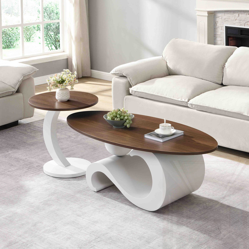 Ensemble de tables basses rondes, Blanc / Blanc, 17.72" H x 47.24" L x 23.62" W, Brown