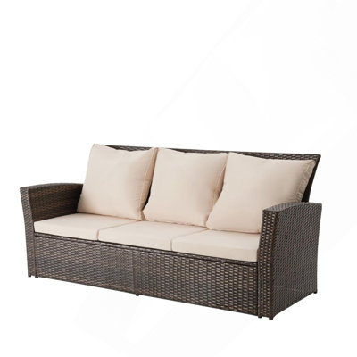 67.7" All-Weather Wicker 3-Seat Patio Sofa With Thick Biege Cushions & Black Frame