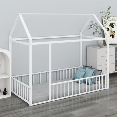 Metal Bed House Bed Frame With Fence, For Kids, Teens, Girls, Boys
