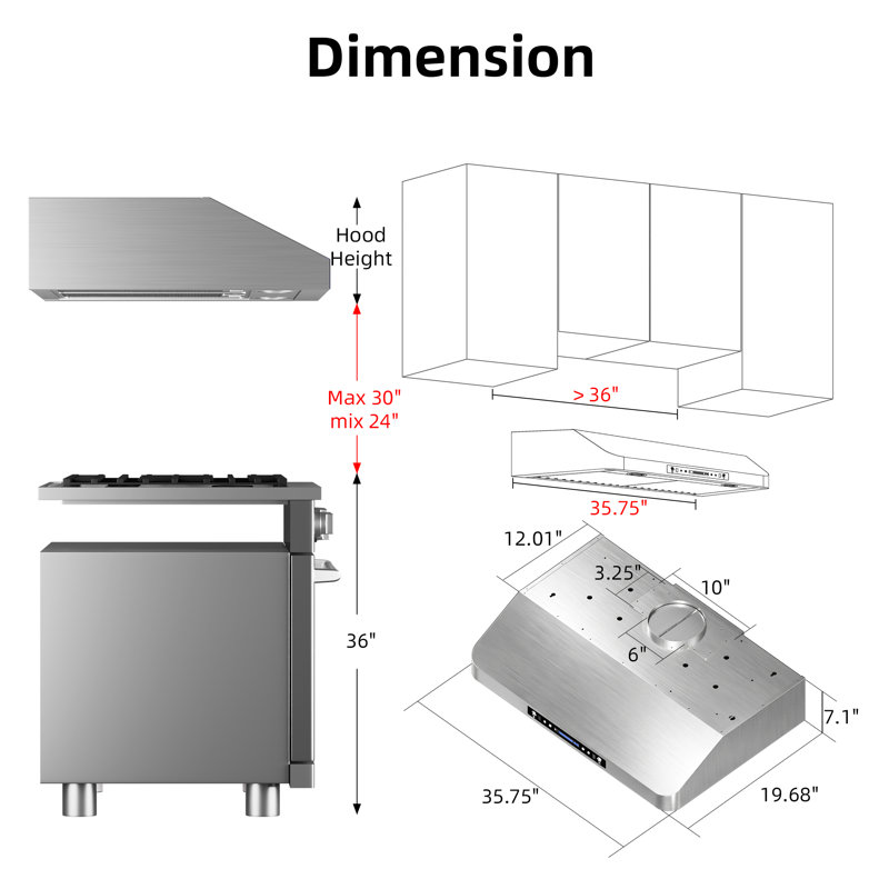 Hotte de cuisine 36 pouces 900 CFM en acier inoxydable de 1,0 mm avec aération à 3 voies, contrôle des mouvements et garantie de 10 ans