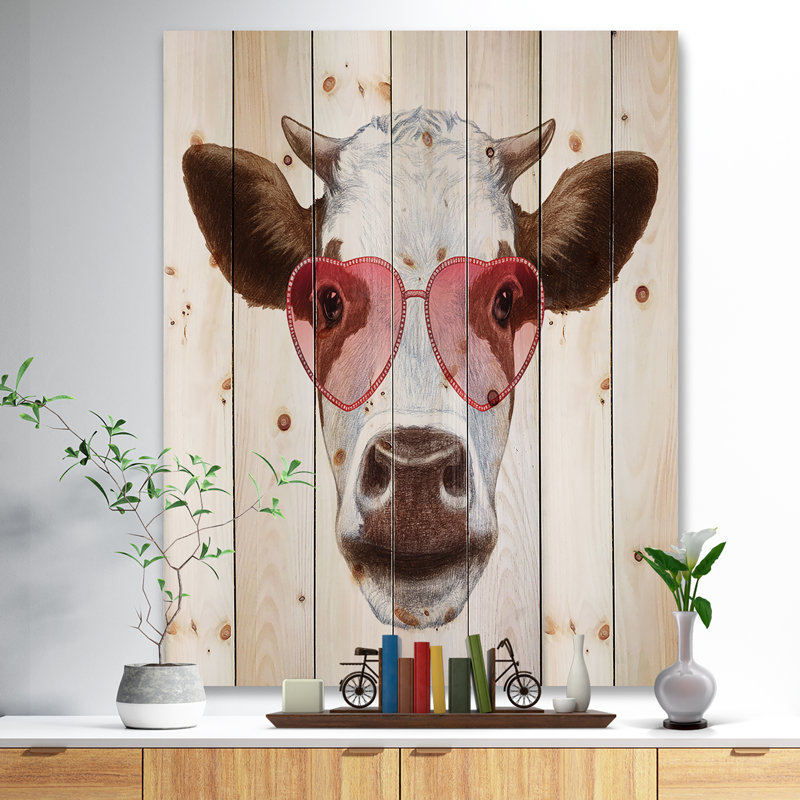 « vache avec verres à coeur rouge », impression, H 20 po x l 15 po x P 0,78 po, Bois
