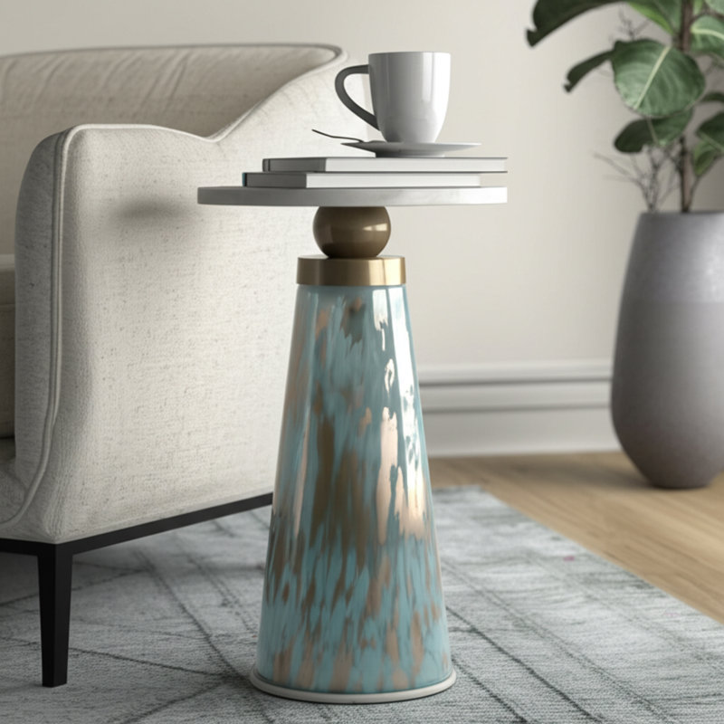 Glass and Wood Accent Table with Tapered Base and Modern Design.