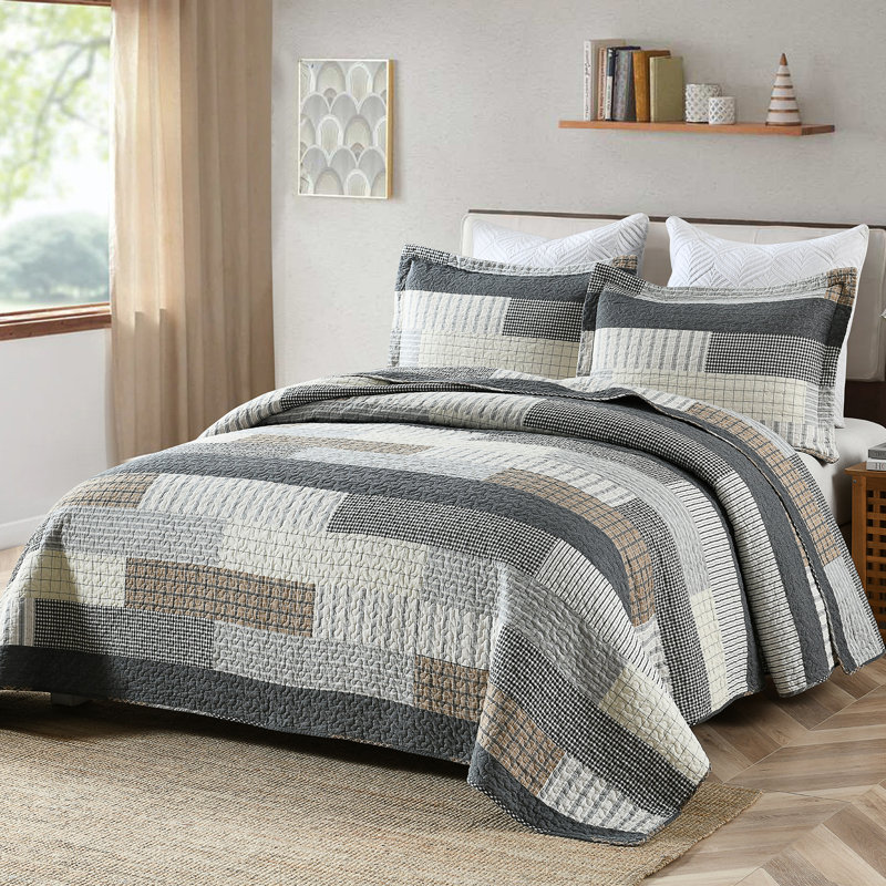 King Size Grey Tan Black Cotton Patchwork Quilt Set