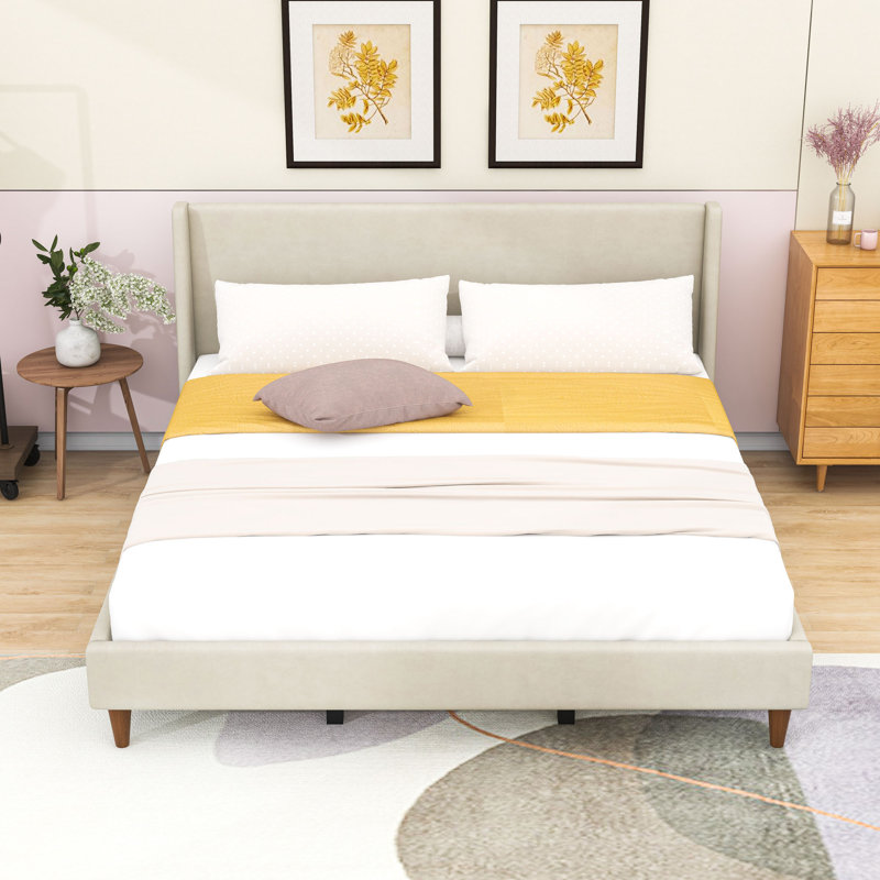 Lit plateforme tapissier avec tête de lit et pieds en bois, Très grand