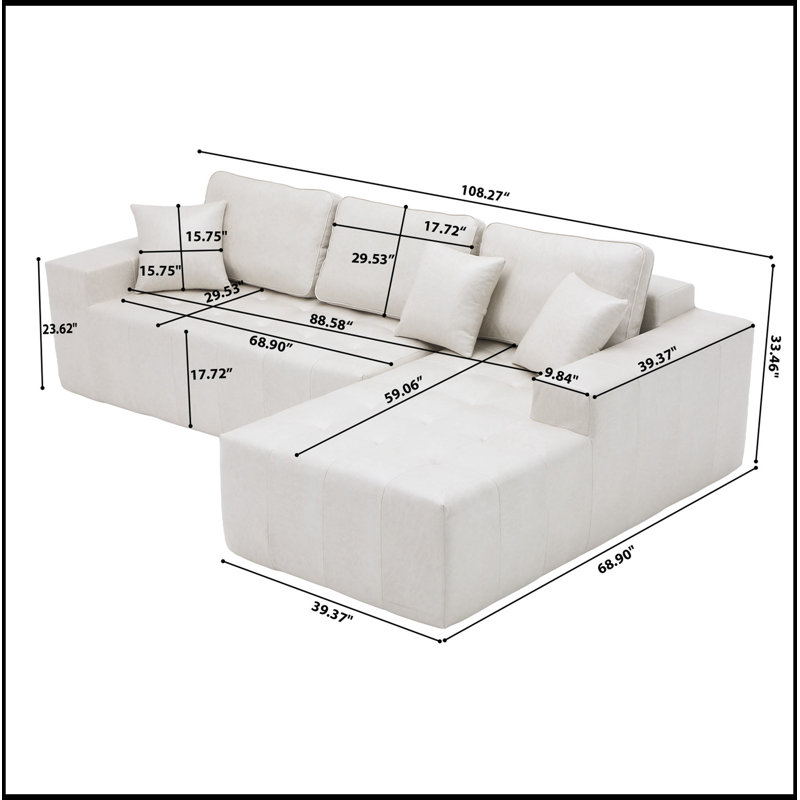 Canapé modulaire en similicuir avec méridienne et dossier moelleux, Beige