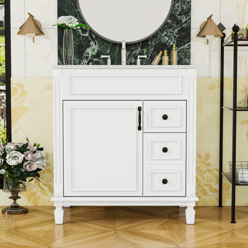 Meuble-lavabo avec lavabo en céramique, 2 tiroirs et tablette réglable, Blanc