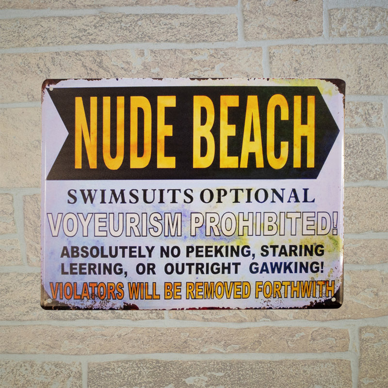 Large Nude Beach Swimsuits Optional Metal Sign Retro Outdoor Coastal Wall Decor
