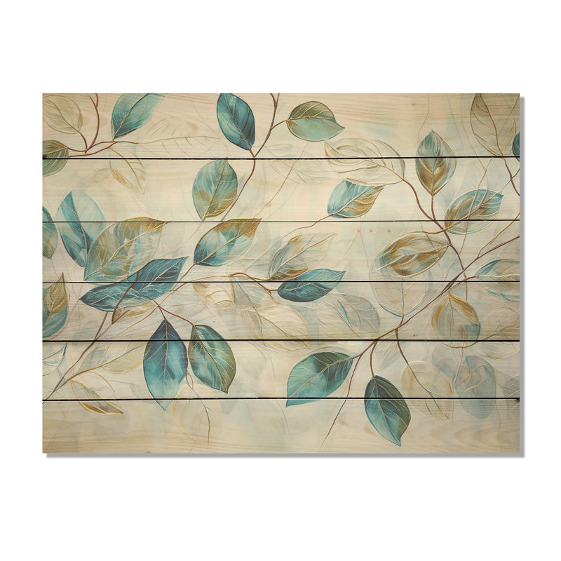 Green Leaves Charm Liquid Art - Leaves Wood Wall Art On Natural Pine Wood, 10" H x 20" W