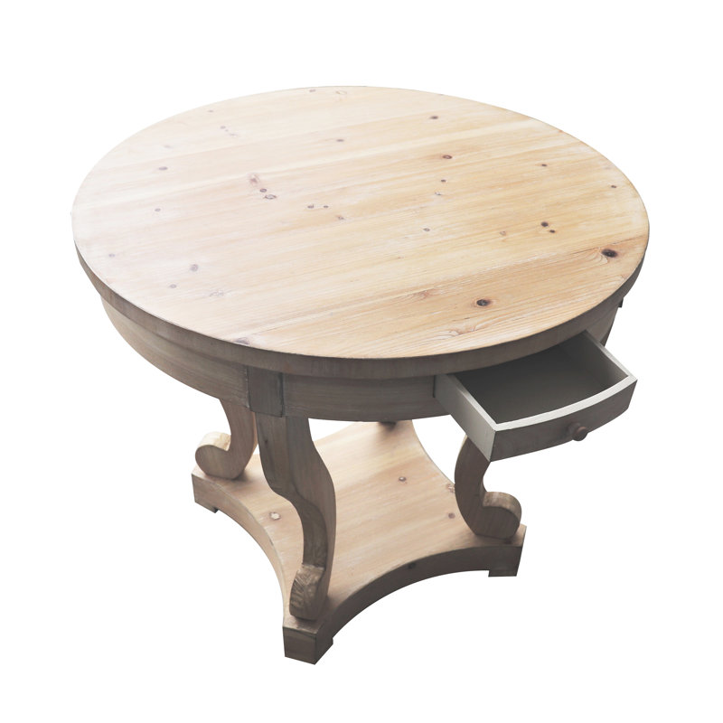 Table d'appoint ronde, style, petite taille, pieds courbés, aspect vieilli, bois naturel, 2 tiroirs de rangement, finition repas de style construction et placage de bois de sapin