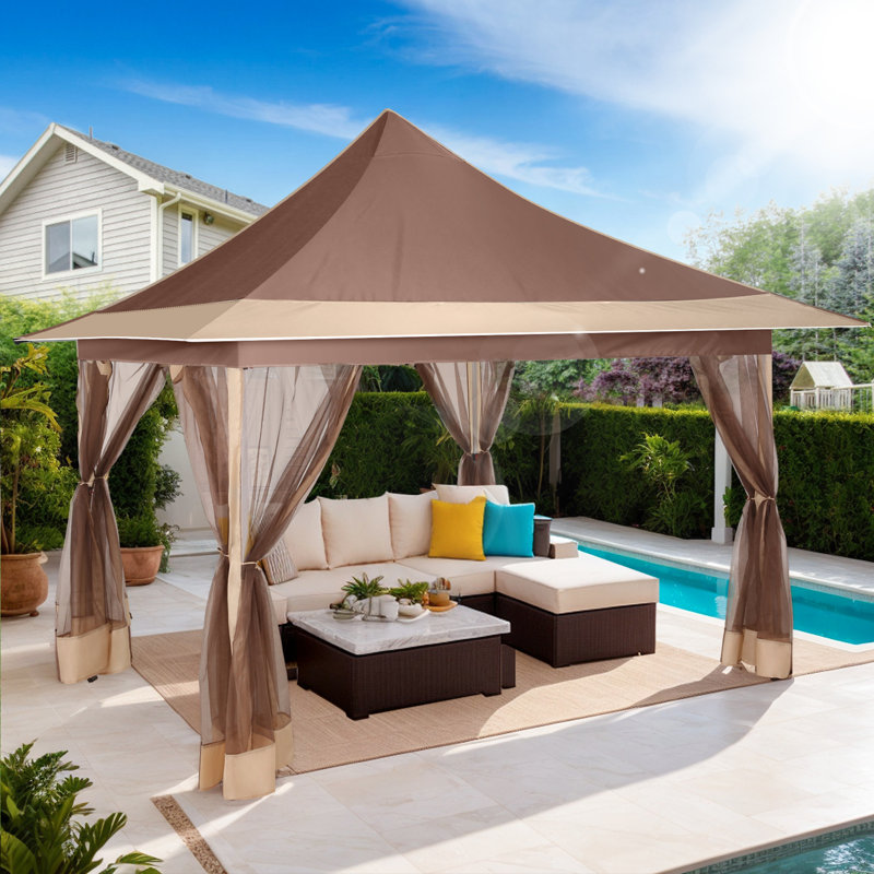 Brown and Beige 12x12ft Waterproof Pop-Up Gazebo Tent with Mosquito Netting
