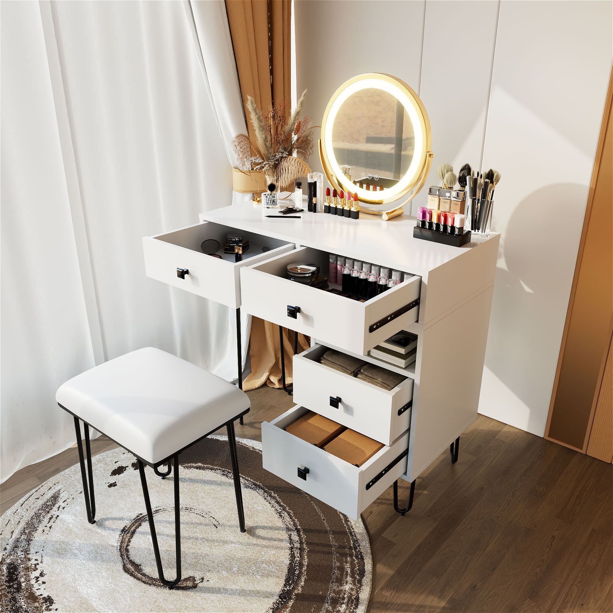 Hermanson vanity set discount with stool and mirror