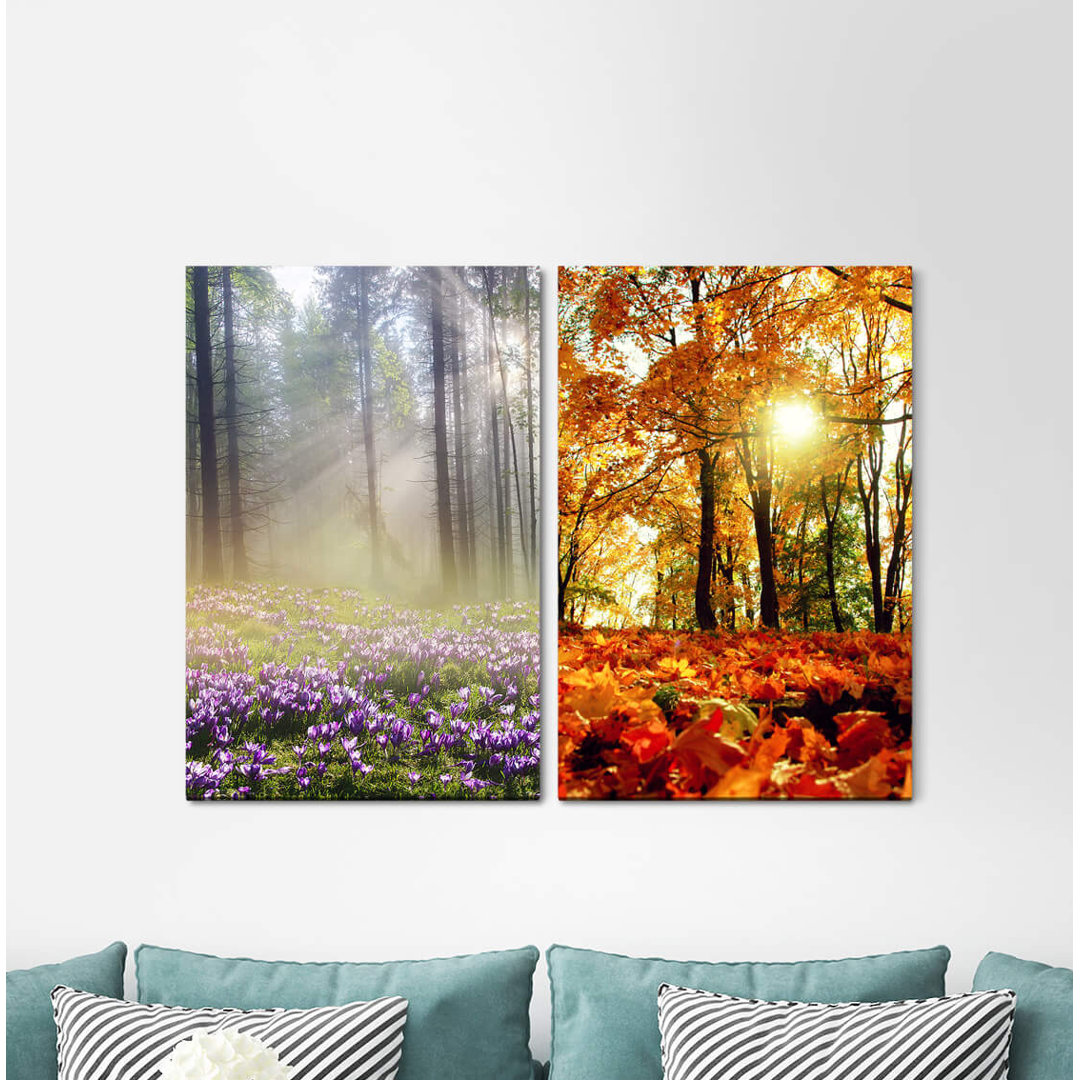 2-tlg. Leinwandbilder-Set - Fotografie „Forest Nature Forest Flowers Autumn Leaves Sunbeams Silence”