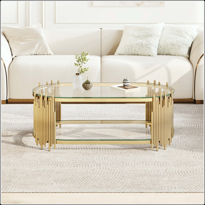 Table basse ovale dorée avec tablettes en verre trempé à 2 niveaux, Clear / Gold