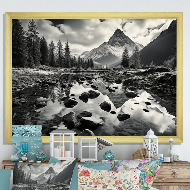 «Canadablack And White Mountain Reflections II», reproduction sur toile, Cadre doré à une seule photo