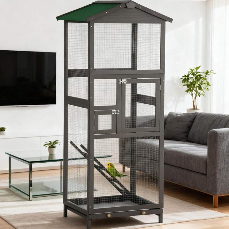 Volière intérieure et extérieure, cage à oiseaux en bois, avec plateau coulissant et 2 portes
