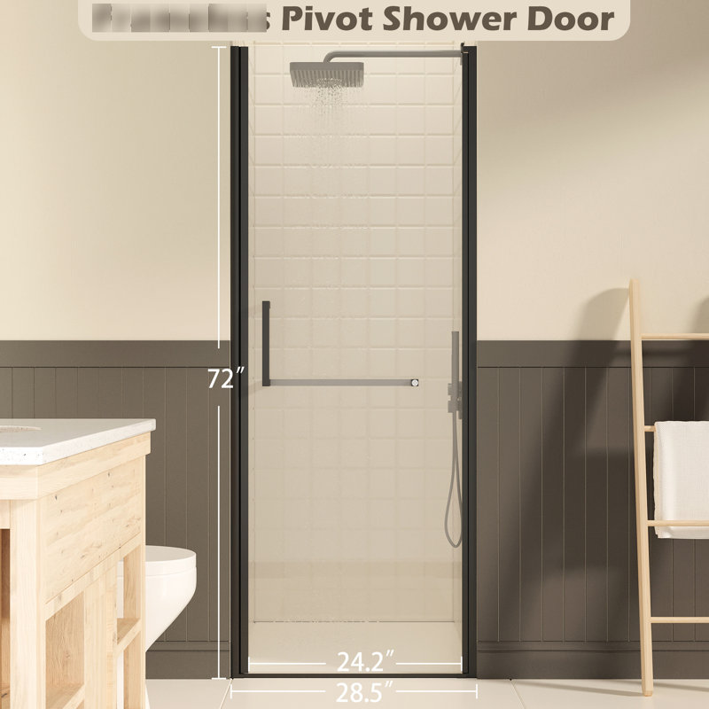 Porte pivotante en verre de douche, l 27 po x H 72 po, verre trempé transparent de 1/4 po et 6 mm, noir mat, revêtement nano, réversible pour plus de polyvalence dans la conception de la salle de bain