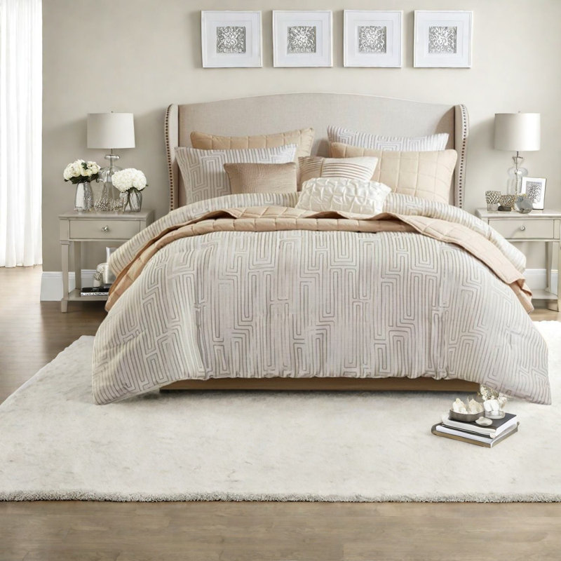Ensemble de literie pour très grand lit luxueux 10 pièces, ivoire jacquard de qualité supérieure pour l'élégance de la maison