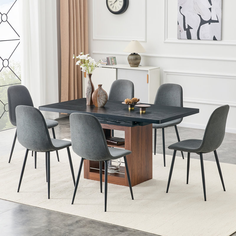 Expandable Dining Table Set With Storage, Modern Dark Grey Linen And Mdf