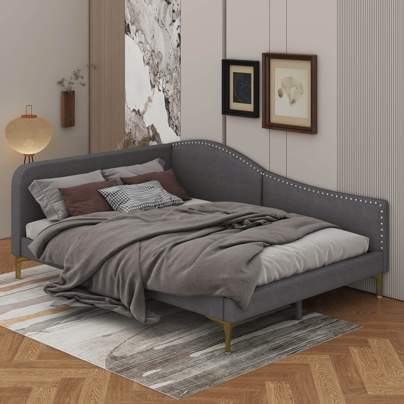 Lit de jour rembourré avec tête de lit et accoudoirs, Gris, Lit double