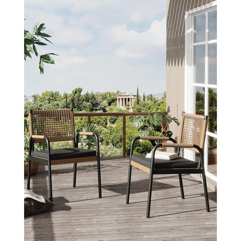 Set of 2 Rattan Patio Armchairs, Cushions, Metal Frame for Garden Balcony, Black