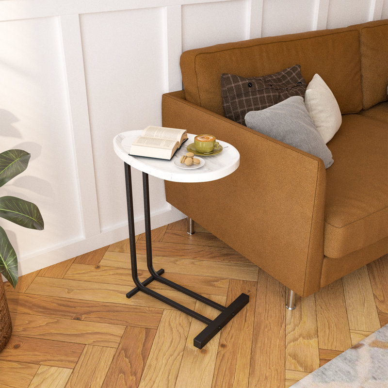 C-shaped side table in white, modern wood top with metal frame design for sofa and bedside placement, White