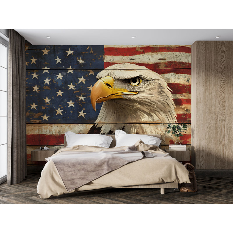 Murale d'aigle chauve rustique avec drapeau américain, L 120 po x l 80 po, Peler et coller