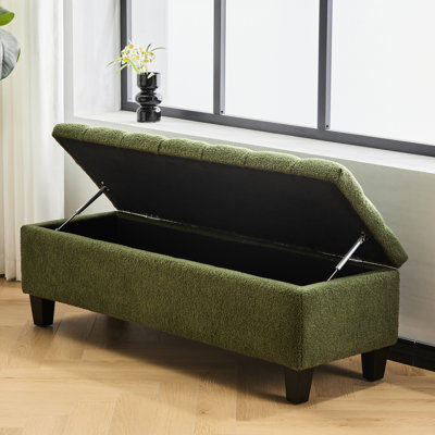 Banc avec rangement Boucle, pieds en bois d'hévéa, support de 300 lb, charnières douces pour un accès facile, capitonnage à boutons, plusieurs pièces convenables, housse et rangement de 52,53 po x l 17,83 po de hauteur.