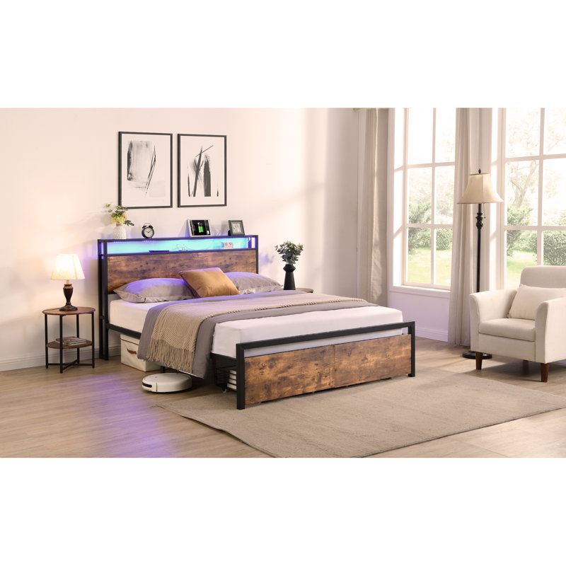 Queen Black Metal Frame Upholstered Bed with Storage and LED Headboard